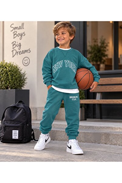 MODA 🟢neo Kids Erkek Çocuk İkili Takım – Yeşil New York Sweatshirt & Brookl...