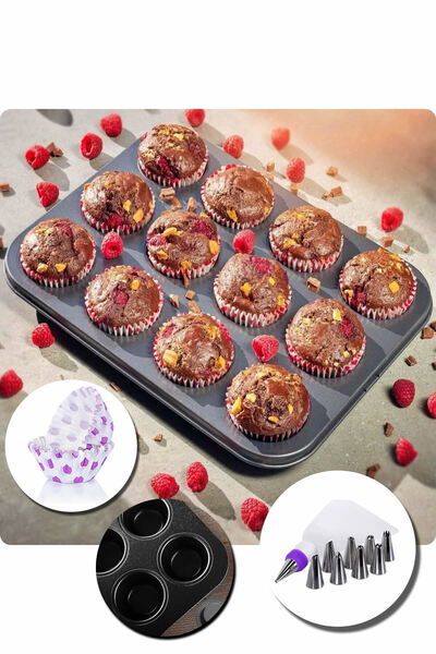 MİMOZA PARK 12'li Muffin Kek Kalıbı, Krema Torbası Ve 100 Adet Renkli Cupcake , Browni ,muffin Kağıdı Kalıbı Set