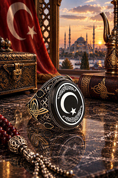 Siset Gümüş 925 Ayar Tuğra Motifli Ay Yıldızlı Erkek Gümüş Yüzük