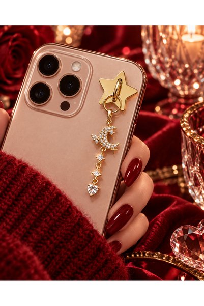 ZZ 3007 Premium Zirkon Taşlı Ay Figürlü Lüks Telefon Charmi - Altın Renk