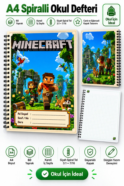 Morinna Minecraft Temalı A4 Spiralli Defter 60 Yaprak Kareli veya Çizgili Sayfa Seçenekli Okul Ders Defteri DFT-01
