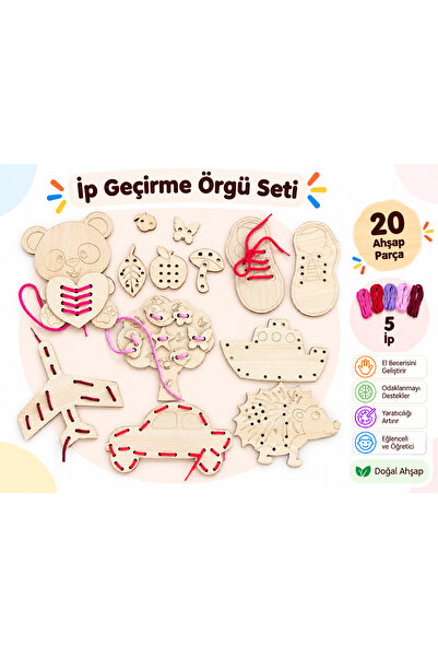 Trendy Toys Eğitici Ahşap Ip Geçirme Örgü Seti 25 Parça Montessori El Kası Ge...