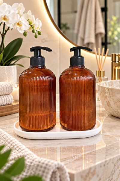 ANGDESİGN 3 Parça Set || Marbella Sıvı Sabunluk 2.li Standı / Amber-Beyaz Taban Banyo Seti & Mutfak Seti Tezgah Üzeri | Cam Sıvı Sabunluk Modern Tasarım Banyo Dekoru Lavabo Üstü Premium Misafir Banyosu