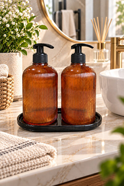 ANGDESİGN Marbella Sıvı Sabunluk 2.li Standı / Amber-Siyah Taban • Banyo Seti & Mutfak Seti Tezgah Üzeri || | Cam Sıvı Sabunluk Modern Tasarım Banyo Dekoru Lavabo Üstü Premium Misafir Banyosu