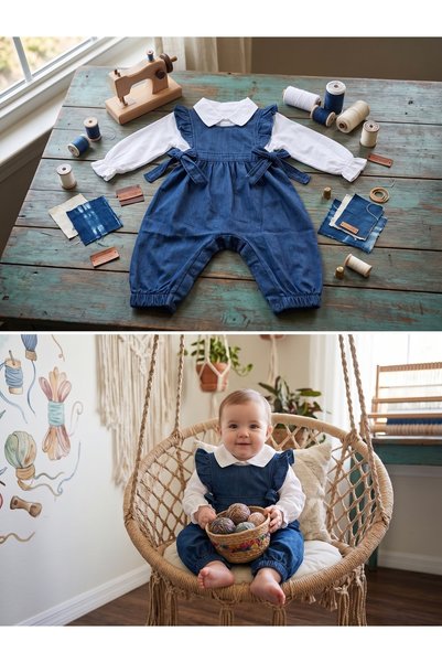 Jolly Joy Bulut Anne- Ruffled Navy Blue Denim Salopet Shirt Set