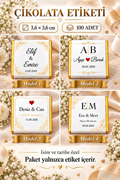 Graphy Kişiye Özel Madlen Çikolata Etiketi 100 Adet 3,6 x 3,6 cm Nişan Söz Ni...