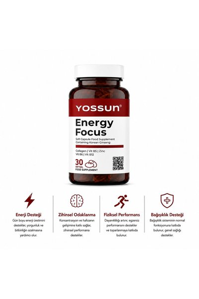 yossun ENERGY FOCUS Kore Ginsengi İçeren Yumuşak Kapsül Takviye Edici Gıda