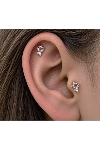 Arescollection 1 adet zirkon taşlı çiçek tragus helix lobe uyumlu piercing
