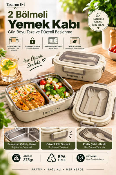 Tasarım Evi 2-Compartment Stainless Steel Lunch Box – Portable Meal Container...