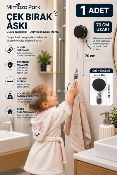 MİMOZA PARK Pratik 70 cm Uzayabilen 3m Yapışkanlı Bez Sünger Tutucu Yaysız askı