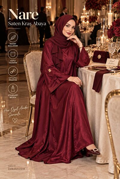 Nare Saten Kraş Bordo Abaya