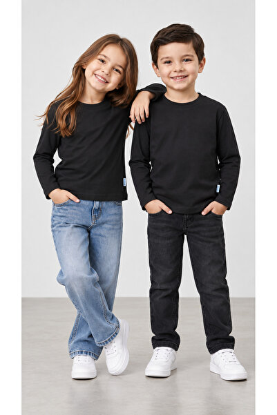 babito store %100 Pamuk Unisex Çocuk Bisiklet Yaka Uzun Kollu Basic Badi 2-10...