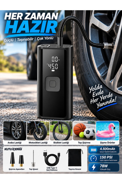 DEANB 150 PSI Şarjlı Hava Kompresörü 4500mAh Powerbank LCD Ekranlı Taşınabili...