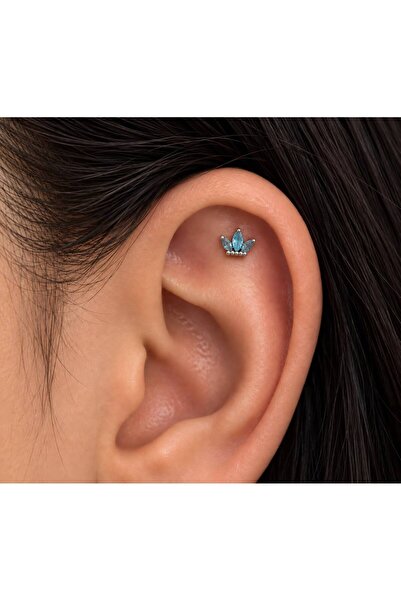 Arescollection Mavi zirkon taşlı lotus 1 adet tragus helix lobe uyumlu piercing