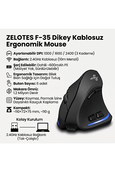 ZELOTES Zelotes F-35 Oyuncu Dikey Ergonomik Mouse 2400dpı Sarjlı