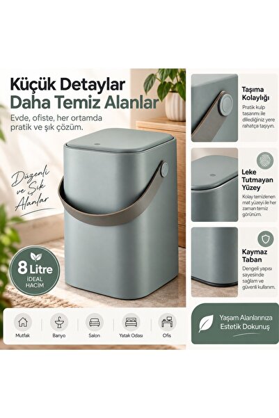 Carat Home 8 Lt Click Kapaklı Tutma Saplı Iç Kovalı Tezgah Üst Mutfak Çöp Kov...