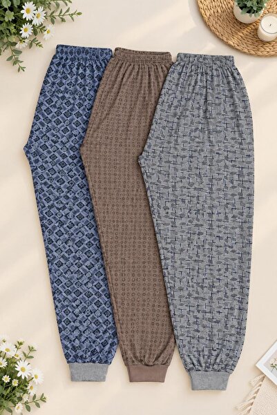Pi Giyim 3 Adet Erkek Desenli Uzun Manşetli Şardonlu Kalın Pijama Altı Kışlık
