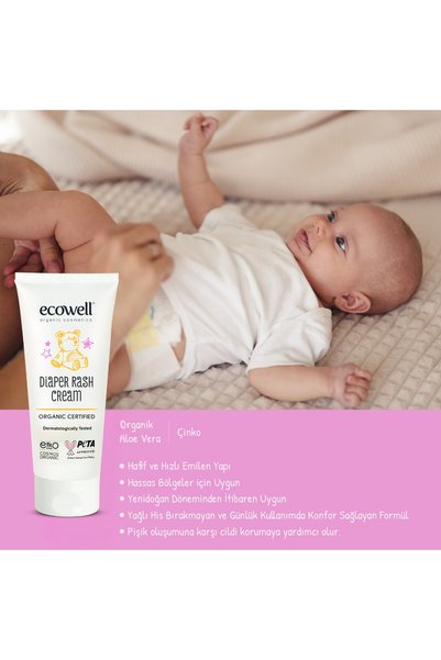 Ecowell Organik Pişik Kremi, Vegan Sertifikalı, Yenidoğan Çinko Krem, Nemlendirici, Tahriş Önleyici 110gr