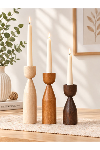 linsa 3'lü Ahşap Şamdan Seti – Kayın Ağacı Dekoratif Mumluk 17,5 cm / 15 cm /...
