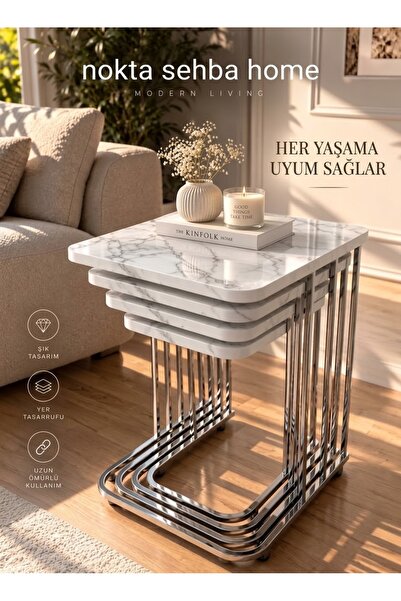 Nokta Sehpa Home 4lü TEKERLEKLİ iç içe geçer GÜMÜŞ METAL BEYAZ MERMER TABLA Z...