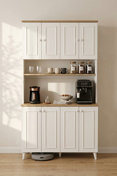 Arles Home Siena 120 cm Beyaz 8 Kapaklı Çok Amaçlı Dolap Mutfak Konsolu ve Ka...