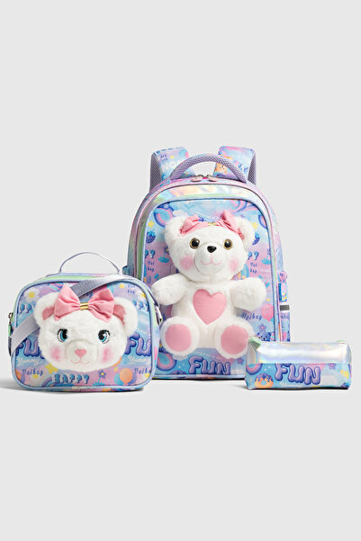 VEIBAG Cozybear 3'lü Kız Çocuk İlkokul ve Günlük Sırt Çantası Seti - Peluş Ay...