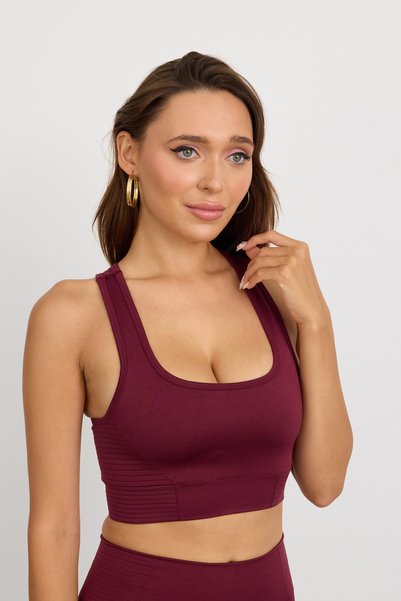 Leepsy Women's Burgundy Sports Leggings and Bralet Top and Bottom Set Non-Marking Stretchy Gathering Seamless