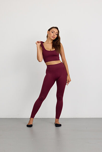 Leepsy Women's Burgundy Sports Leggings and Bralet Top and Bottom Set Non-Mar...