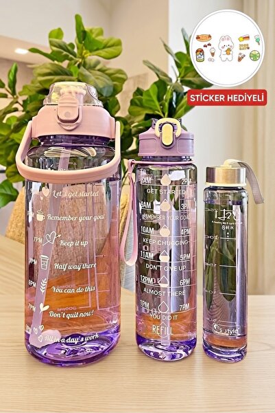 MirzaQ 3 Lü Set ŞEFFAF Motivasyon Su Matarası Şişesi Suluk Tritan Su Şişesi