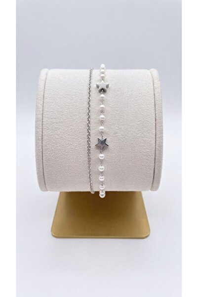 Snartun Double Chain Steel Bracelet with Star and Pearl Detail