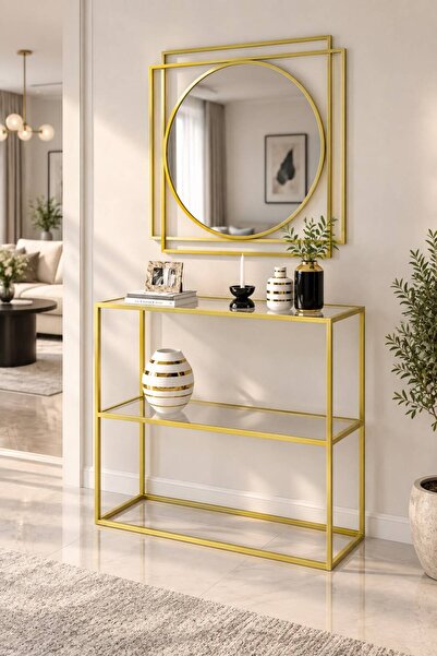 Dekoport Oskar Gold Metal Dresuar Ve Ayna Seti