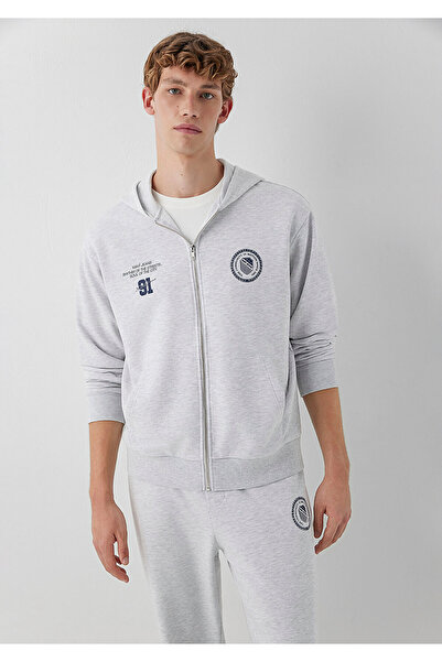 Mavi Logo Baskılı Kapüşonlu Fermuarlı Gri Sweatshirt 0S10682-80196