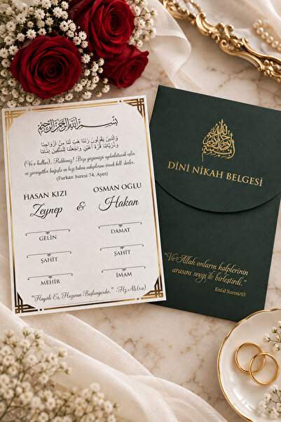 Altın Yaldızlı Kişiye Özel İsim Yazılır Zarflı Nikah Belgesi - İsimli İslami Belge (14x20cm)