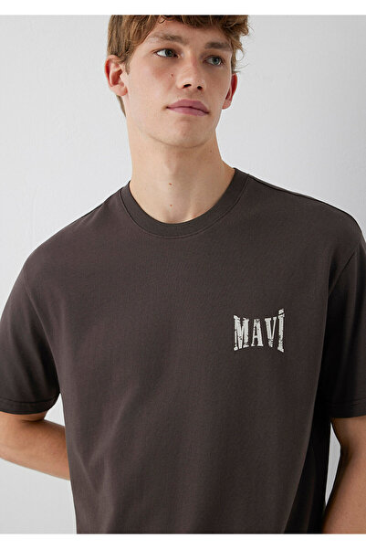 Mavi Logo Baskılı Kahverengi Tişört Loose Fit / Bol Rahat Kesim 0613579-70219