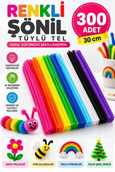 Dünya Magnet 300 Adet - Renkli Şönil Seti, Tüylü, Peluş Tel, 30 cm Şönil, Kar...