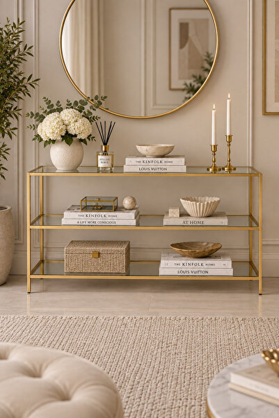 Trendmiz Aura şeffaf Camlı Gold Metal Dresuar, konsol, tv altı ünitesi 100x60...