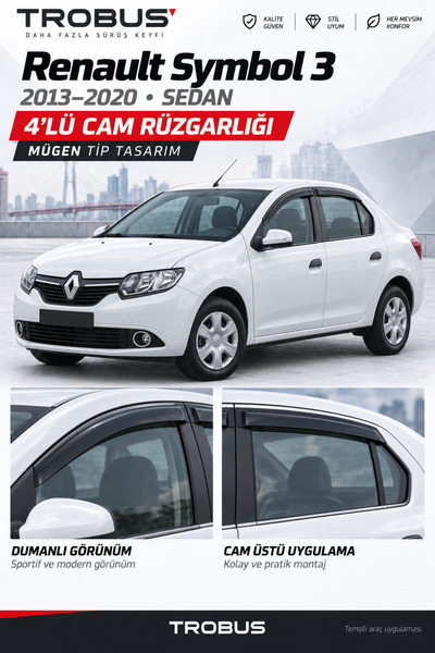 TROBUS Premium Renault Symbol 3 Joy Paketi (2013-2020) Uyumlu Mügen Cam Rüzga...