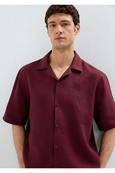 Mavi Kısa Kollu Bordo Keten Gömlek Loose Fit / Bol Rahat Kesim 0211962-70426
