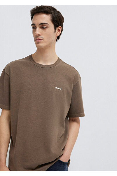 Mavi Logo Baskılı Kahverengi Tişört Loose Fit / Bol Rahat Kesim 0613346-70378