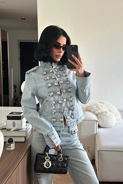 MEECY Kadın Mavi Gold Düğmeli Napolyon Detaylı Denim Ceket
