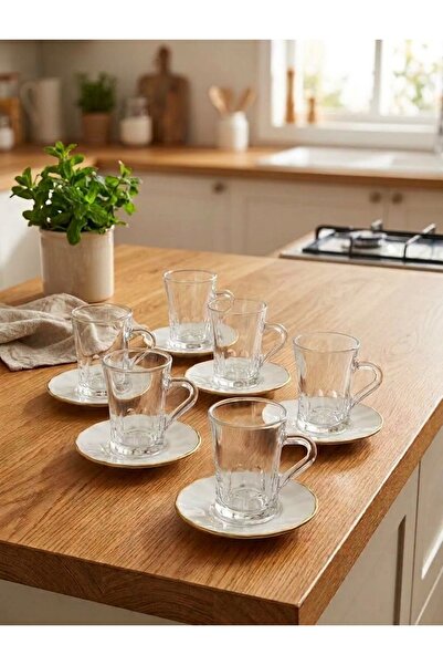 AR HOME طقم شاي 12 قطعة - كوب شاي زجاجي مع طبق بورسلين