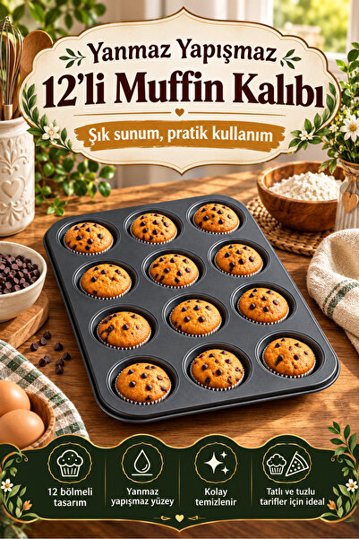 MirzaQ 12'li Cupcake-mini Cheesecake Ve Muffin Için Yanmaz Tepsi - Kek, Kurab...