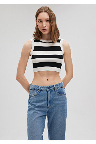 Mavi Çizgili Crop Triko Top Fitted / Vücuda Oturan Kesim 1710098-85407