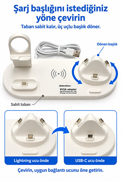 omitech Kablosuz Şarj Özellikli Çoklu Şarj İstasyonu Type-C Lightning Micro USB Döner Başlıklı Masaüstü Stand