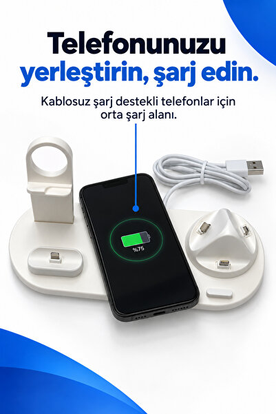 omitech Kablosuz Şarj Özellikli Çoklu Şarj İstasyonu Type-C Lightning Micro USB Döner Başlıklı Masaüstü Stand