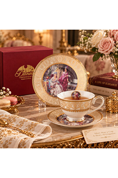 Dania فنجان وصحن من الخزف مزين برسم أميرات حريم السلطان