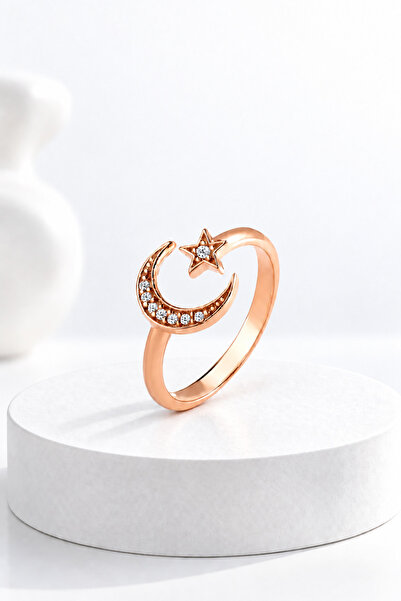 jelux silver Gümüş 925 Ayar Zirkon Taşlı Ayarlanabilir Ay Yıldız Model Rose Y...