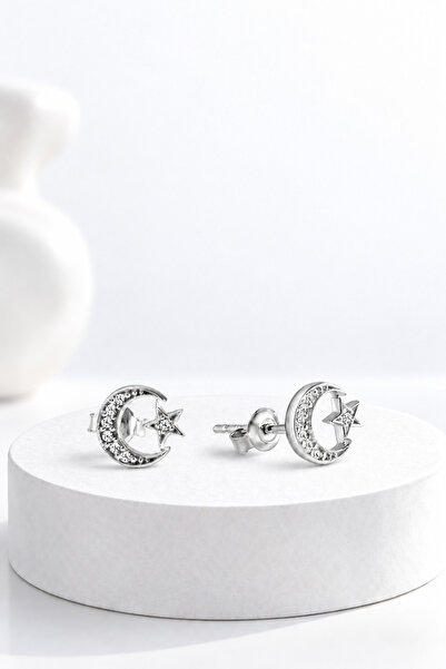 jelux silver Gümüş 925 Ayar Zirkon Taşlı Ay Yıldız Çivili Küpe
