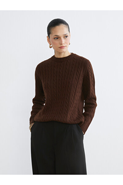 LC Waikiki Lcw Modest Brown Oval Neck Self-Patterned Women's Knitwear Sweater...