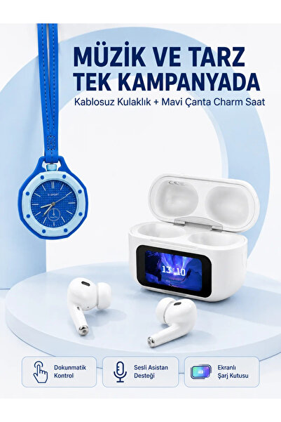 SS HOME CONCEPT Wireless Earbuds with Screen and Blue Bag Charm Watch Set